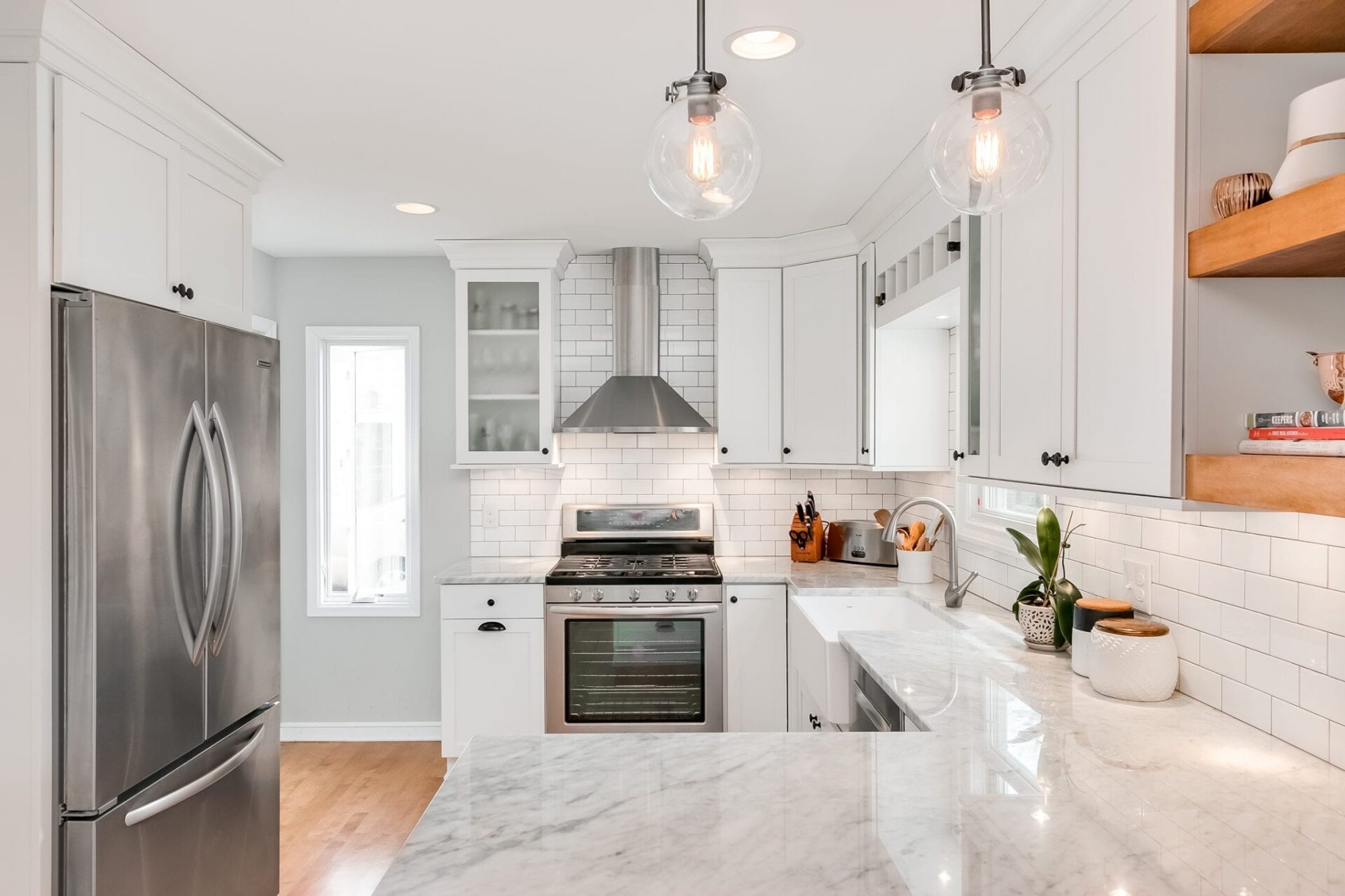 kitchen remodel | white finishes and open wood shelving