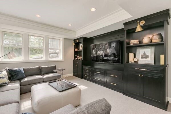 black home theater console | basement remodel | fbc remodel