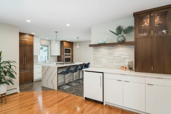 kitchen remodel | white cabinets, dark wood cabinets, light wood hardoowd | unique kitchen storage | fbc remodel