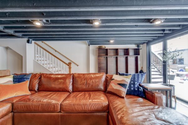 Eclectic Basement Remodel | Living Space, Staircase, Open Beam Ceilings | FBC Remodel