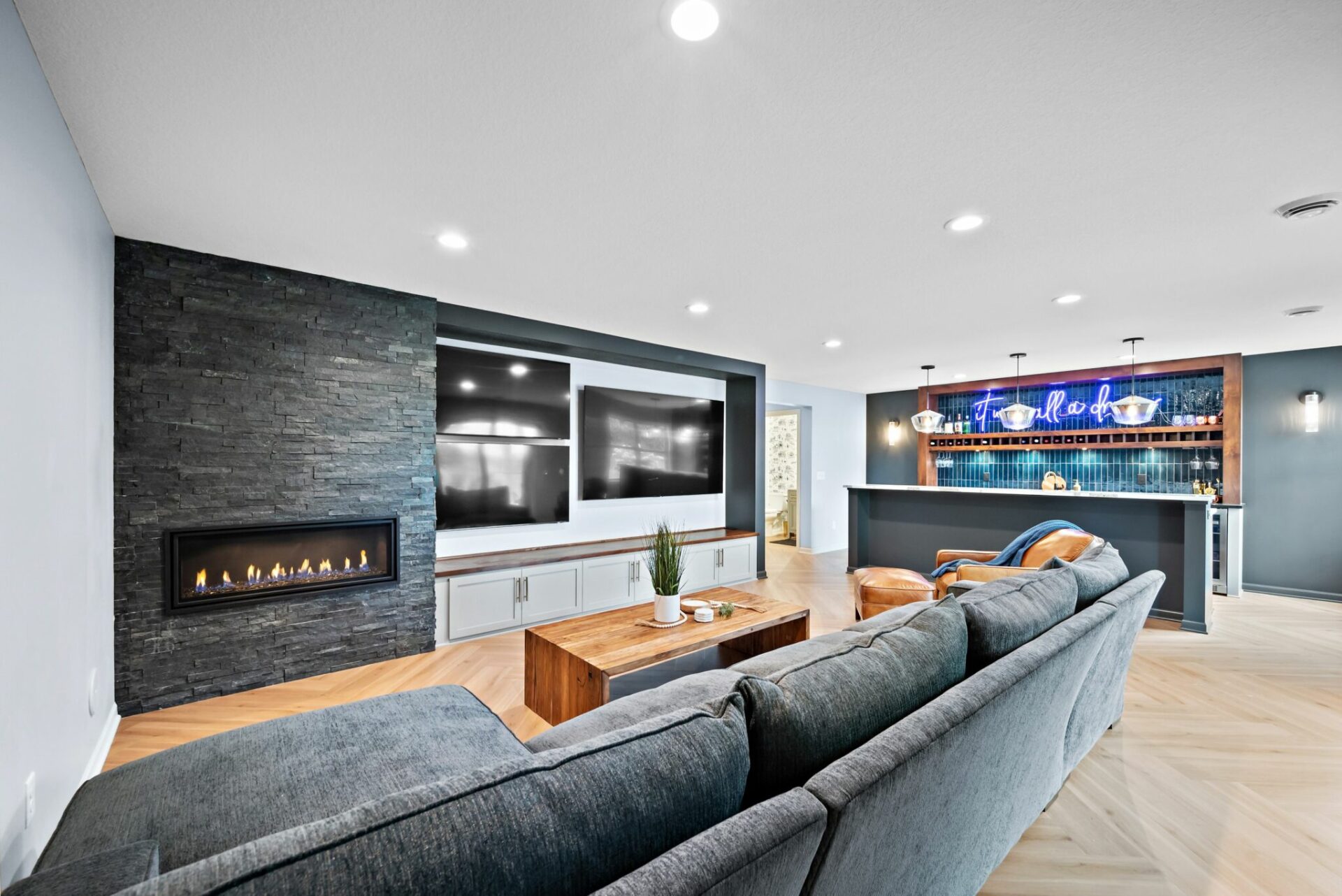 Modern Basement Finish | Basement, Wet Bar, Living Room, Fireplace | FBC Remodel