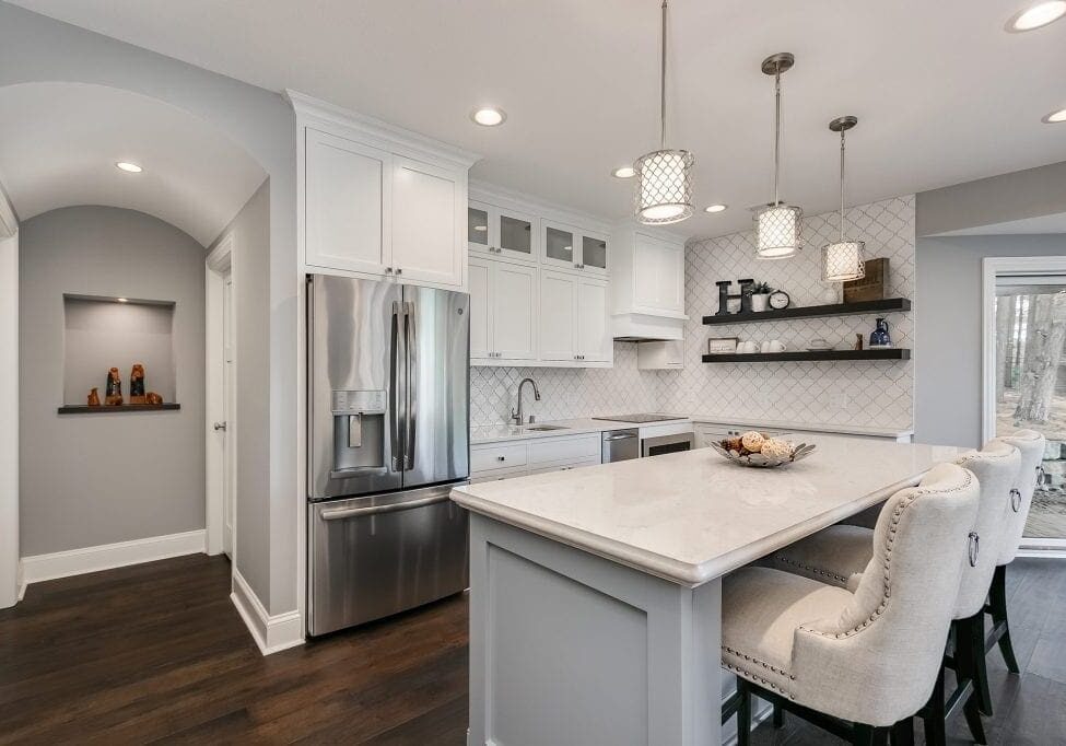 white kitchen remodel | island and pendant lights | fbc remodel