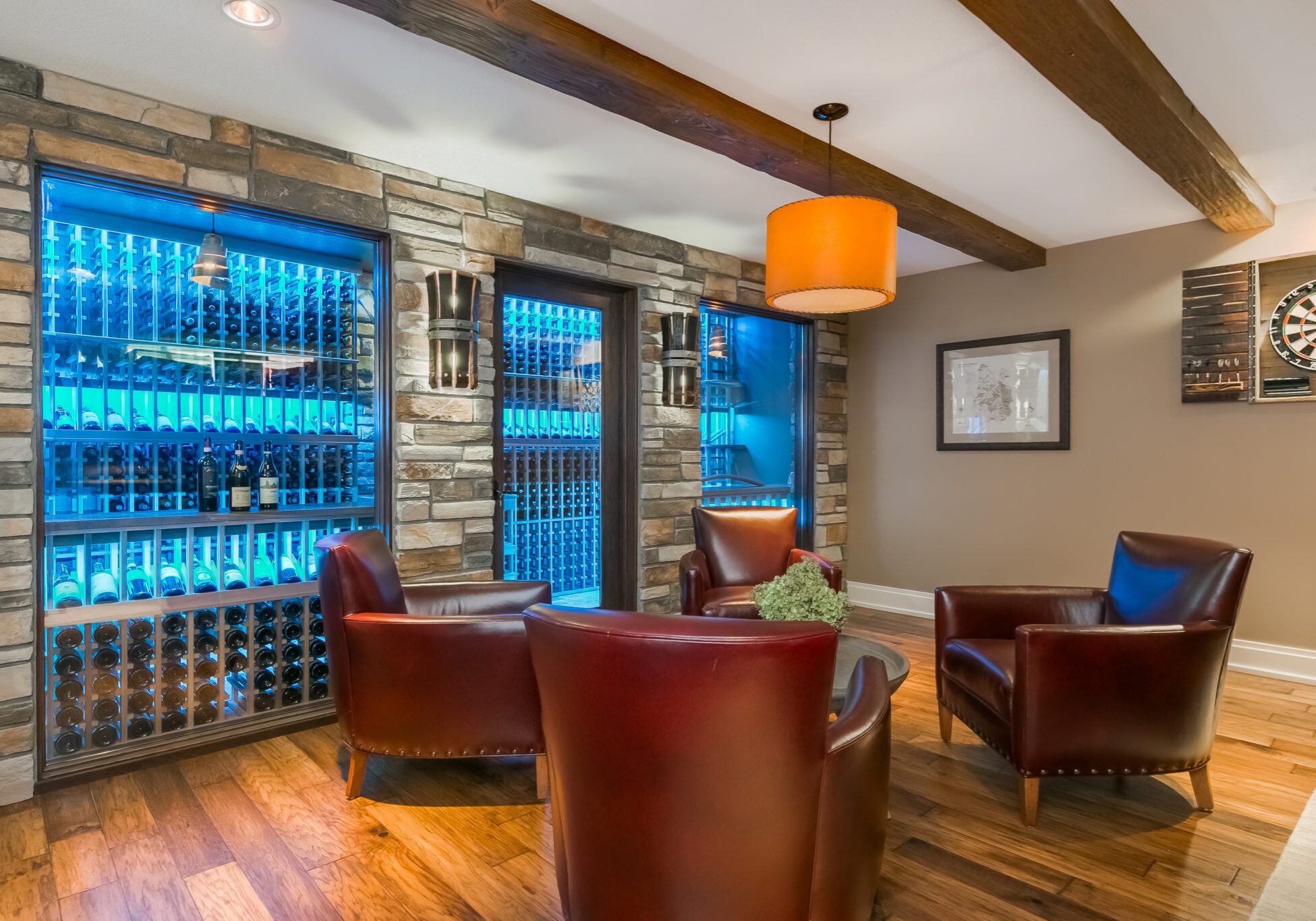 walk in wine cellar | neon wine coolers | warm wood seating | fbc remodel